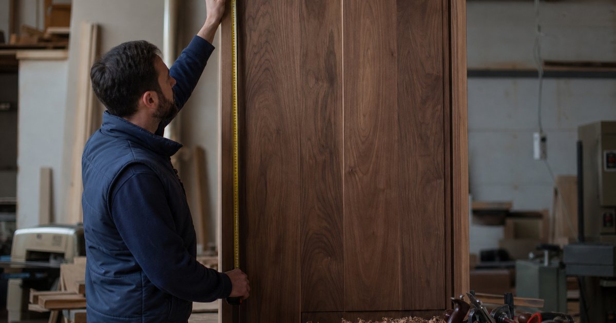 A cabinetmaker in a woodworking shop measuring a tall walnut wardrobe panel with a tape measure, sawdust on the workbench, clamps and hand tools nearby, warm workshop light