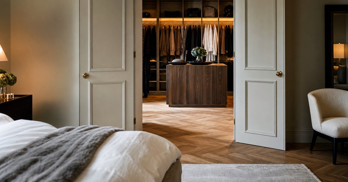 A pair of tall paneled double doors standing open from a bedroom into a bespoke walk-in closet beyond, warm lighting revealing rows of hanging garments and a wooden island, herringbone oak floor continuing through the doorway