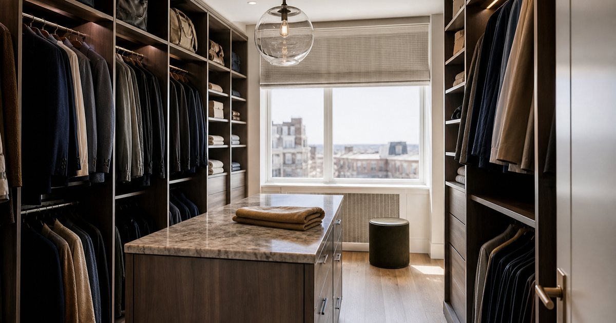 Interior of a spacious walk-in closet with a central wooden island featuring drawers and a honed marble top, a folded sweater resting on it, floor-to-ceiling wardrobes on both sides, soft daylight from a window