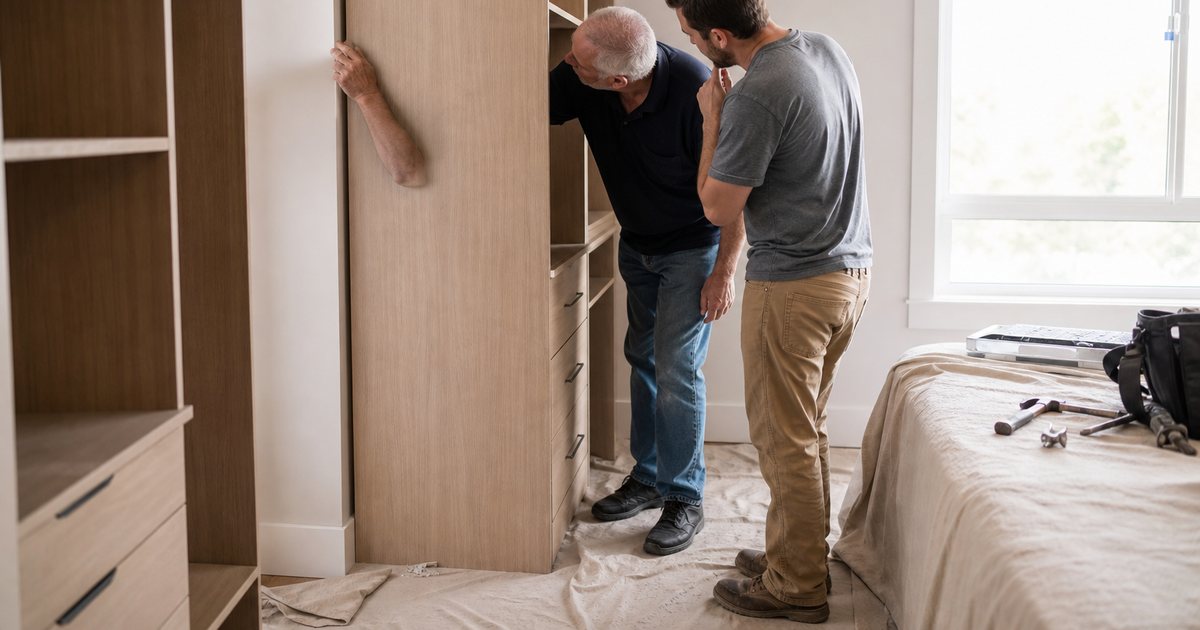 A homeowner and an installer in a partly finished walk-in closet examining a gap between a tall cabinet and the wall, a level resting on the cabinet top, tools and a drop cloth on the floor, daylight from a window