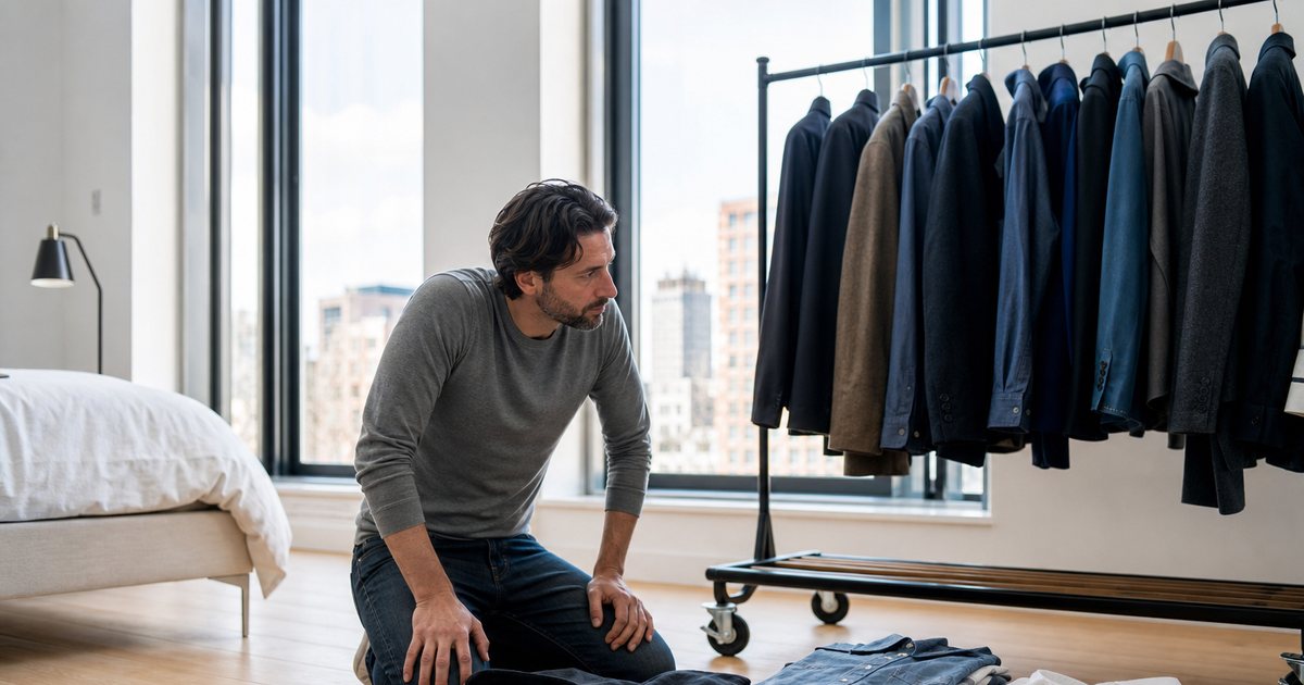A homeowner kneeling on a bedroom floor with a tape measure beside neatly sorted piles of folded shirts and a rolling garment rail of jackets, bright daylight through tall windows, pale oak floorboards