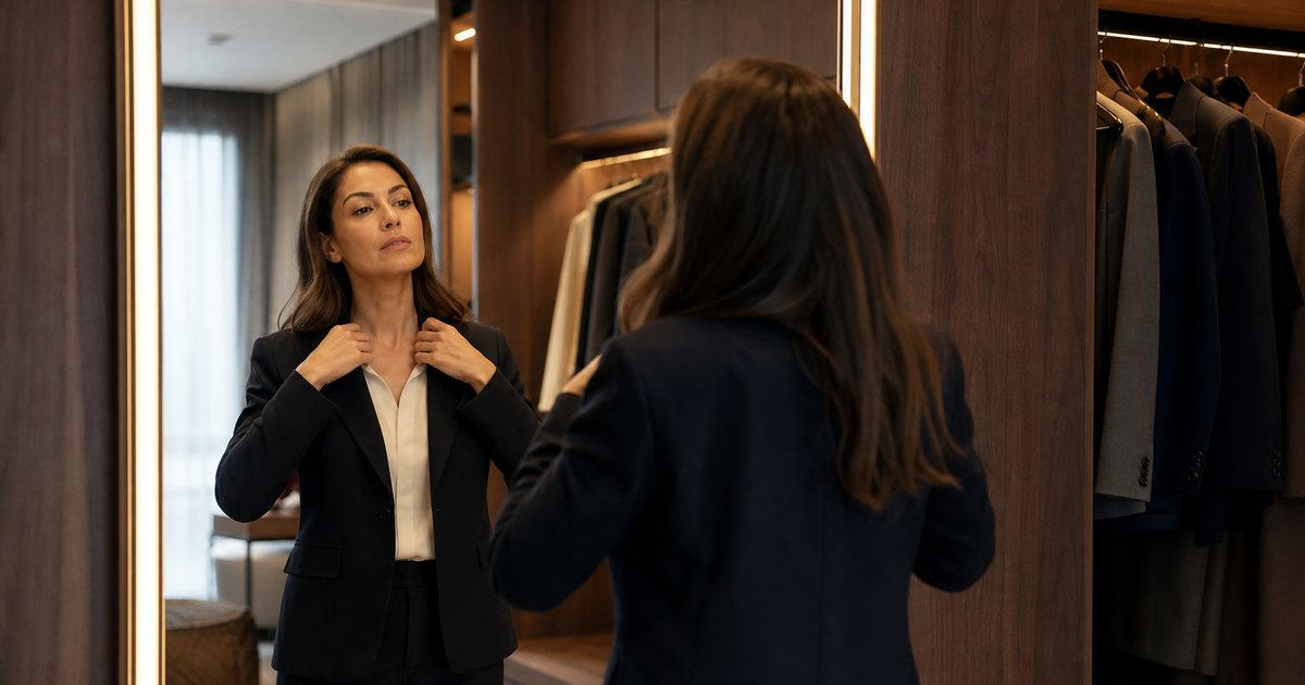 A woman adjusting the collar of a blazer in front of a tall floor-to-ceiling mirror inside a bespoke dressing room, warm vertical light strips flanking the mirror, walnut wardrobes and a small upholstered bench in the background