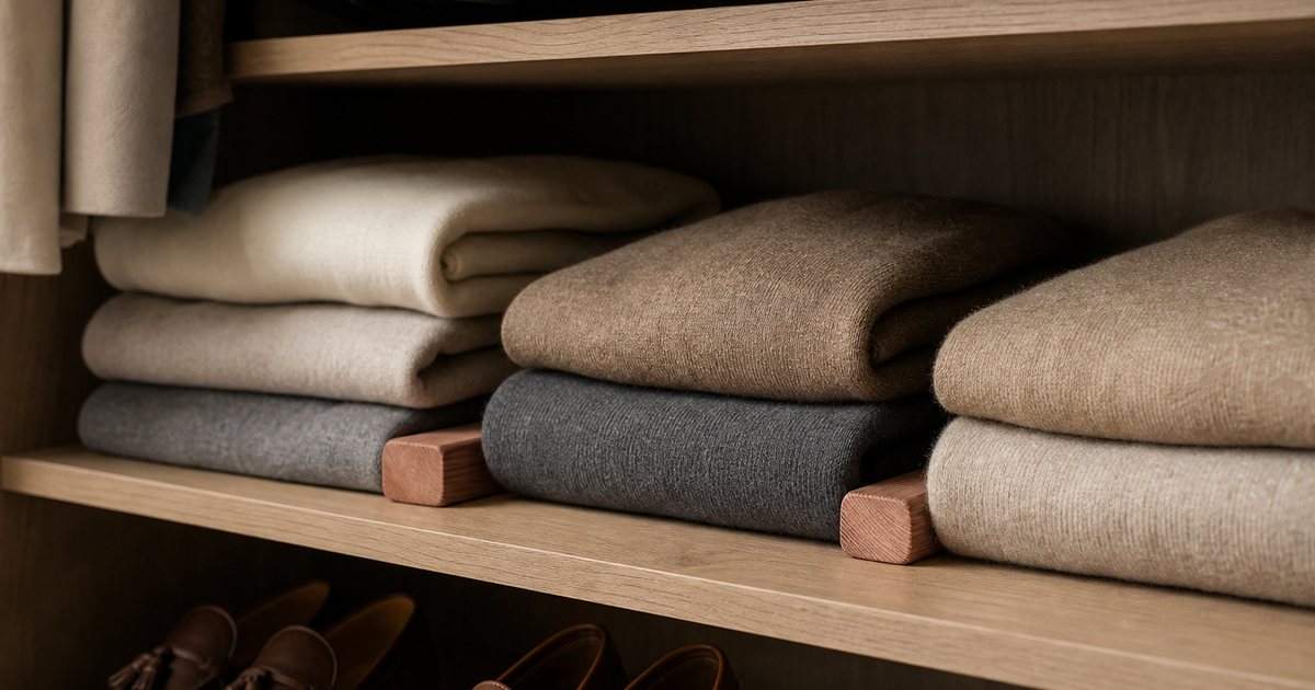 Close-up of folded cashmere sweaters in soft neutral tones on an open oak shelf in a walk-in closet, a pair of leather loafers on a lower shelf, cedar blocks placed between the garments, warm ambient light