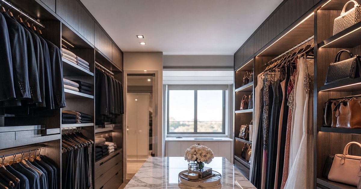 A wide walk-in closet with two distinct sides, one with rows of dark tailored suits and folded shirts, the other with long dresses and a display of handbags, a shared marble-topped island in the center, morning light through a window