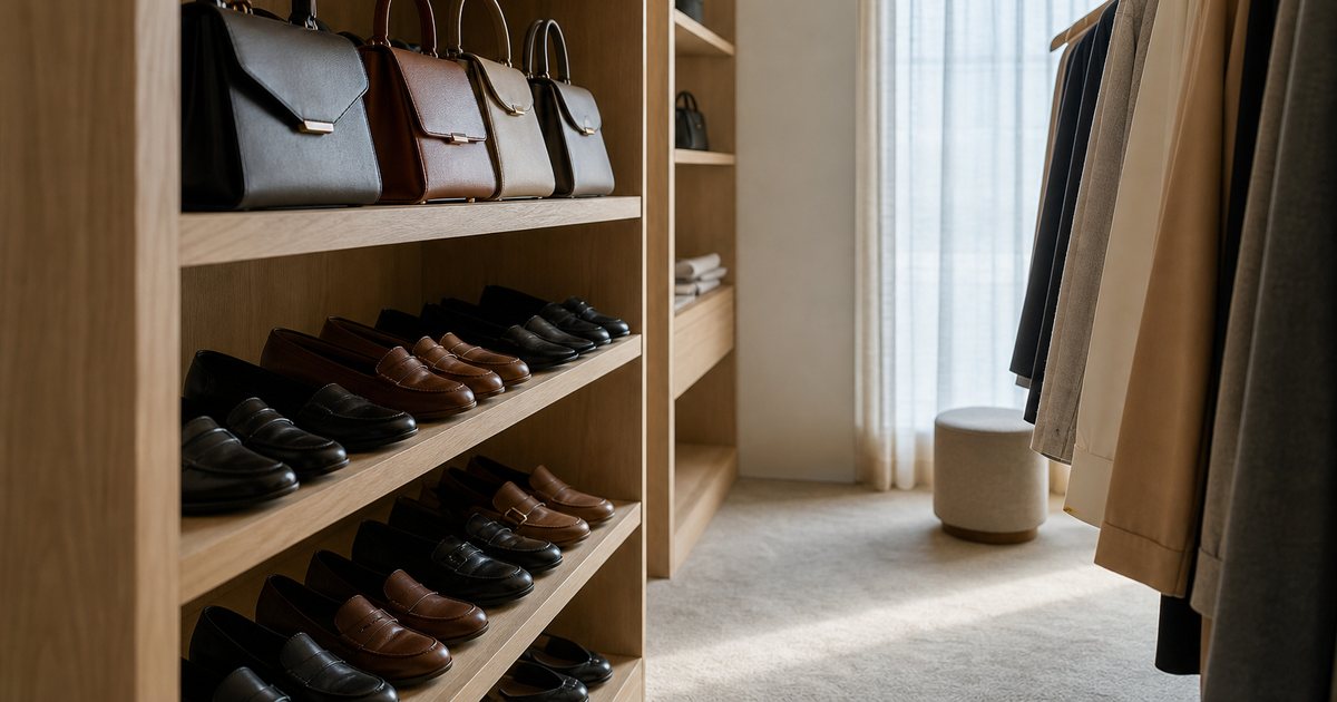 Open pale oak shelving in a bright walk-in dressing room holding neat rows of leather shoes and upright structured handbags, a brass hanging rod alongside, soft morning light through a linen curtain, wool carpet underfoot